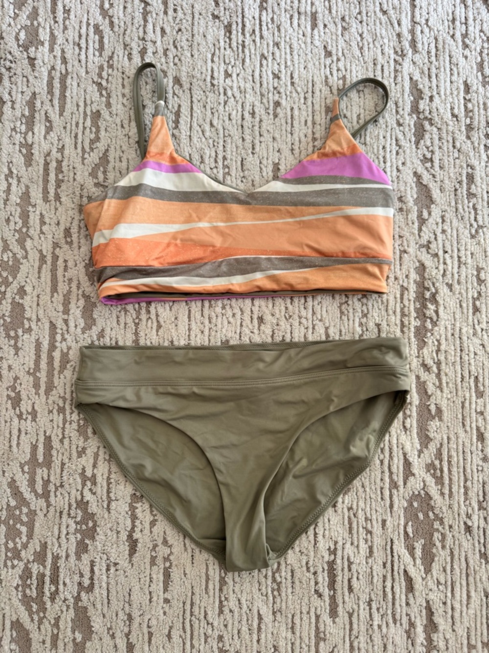 Prana Reversible Orange, Pink & Olive Striped Two-Piece Bikini